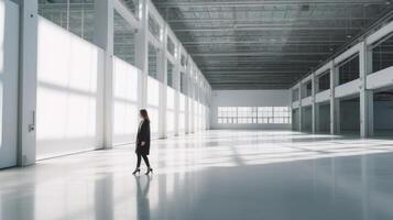 affärskvinna gående i tömma utställning hall. illustration ai generativ foto