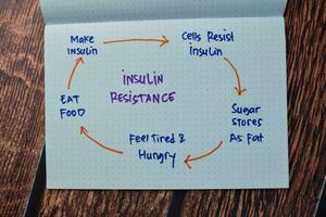 insulin motstånd skriva på en bok med nyckelord isolerat trä- tabell. foto