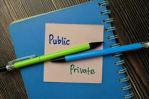 offentlig och privat skriva på klibbig notera isolerat på trä- tabell. foto