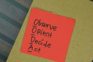 begrepp av ooda - observera oreint besluta spela teater skriva på klibbig anteckningar isolerat på trä- tabell. foto