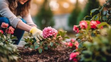 kvinna plantering blommor i trädgård. illustration ai generativ foto