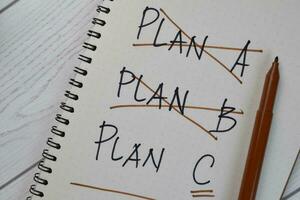 planen a. planen b. planen c skriva på en bok isolerat på trä- tabell. foto