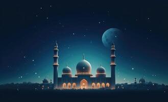 moskéer kupol på mörk blå skymning himmel och halvmåne måne på bakgrund illustration ai generativ foto