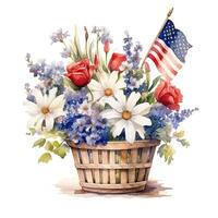 USA flagga och blommor i korg. vattenfärg. illustration ai generativ foto