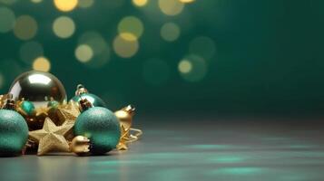 lyx jul kort med realistisk guld och grön bollar. illustration ai generativ foto