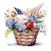 USA flagga och blommor i korg. vattenfärg. illustration ai generativ foto