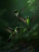 tre kolibrier flygande, generera ai foto