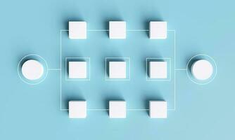 vit kuber med rader ansluter diagram på blå bakgrund. organisatoriska strukturera begrepp. placera Diagram. organisatoriska förvaltning och mänsklig resurs förvaltning. foto
