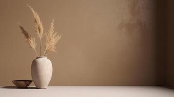 minimalistisk bakgrund med vas och torr blommor. illustration ai generativ foto