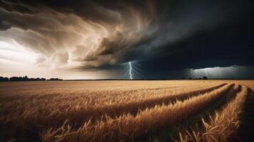 tornado rasar genom en fält. illustration ai generativ foto