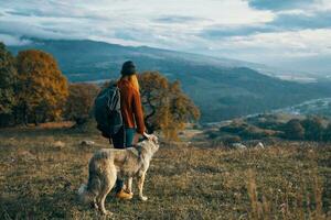 kvinna vandrare natur bergen resa Nästa till de hund frihet vänskap foto