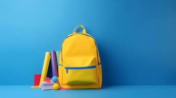 tillbaka till skola bakgrund med skola väska. illustration ai generativ foto
