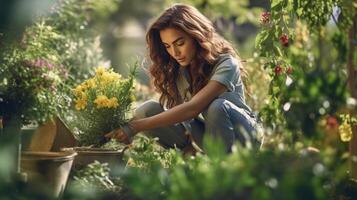 kvinna plantering blommor i trädgård. illustration ai generativ foto