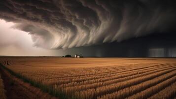 tornado rasar genom en fält. illustration ai generativ foto