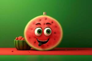 rolig vattenmelon karaktär på grön bakgrund. 3d illustration. foto