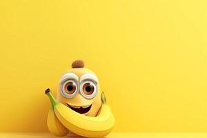 rolig banan karaktär med stor ögon på isolerat bakgrund. 3d illustration generativ ai foto