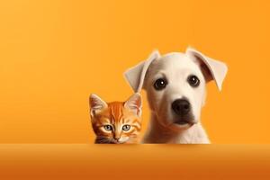 valp och kattunge tillsammans på orange bakgrund. djur- skydd begrepp generativ ai foto