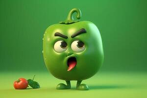 grön peppar karaktär tecknad serie på grön bakgrund. 3d illustration, generativ ai foto