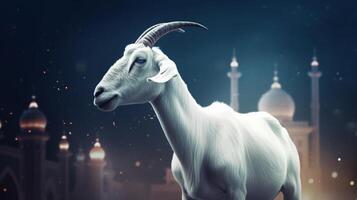 eid al Adha bakgrund med get moské med lyktor generativ ai foto