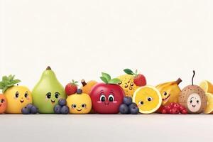 frukt och grönsaker med söt ansikten tecken på vit bakgrund. 3d illustration generativ ai foto