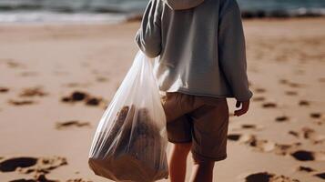 tillbaka se på en barn på en strand innehav en väska av sopor. genererad ai. foto
