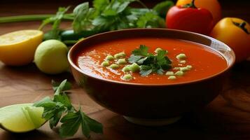 utsökt gazpacho i en trä- skål omgiven förbi grönsaker. genererad ai. foto