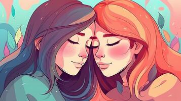 två flickor i kärlek färgrik porträtt tecknad serie stil. genererad ai. foto