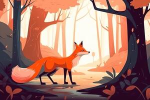 söt räv i vår skog i 2d tecknad serie stil. genererad ai. foto