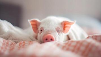 söt liten inhemsk vit gris sovande i en säng. genererad ai. foto