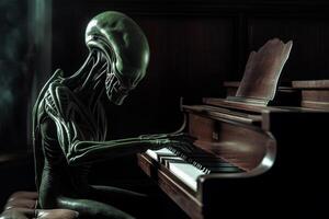 ful och skrämmande ser utomjordisk utomjording spelar en piano. ai genererad foto