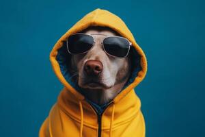 Häftigt och rolig hund i en gul luvtröja med solglasögon isolerat på en blå bakgrund. ai genererad foto