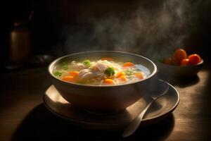 varm utsökt kyckling soppa produkt fotografi med naturlig belysning. ai genererad foto