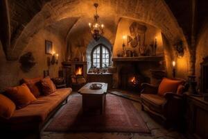 mysigt öppen spis i en rum i en medeltida gotik slott. ai genererad foto