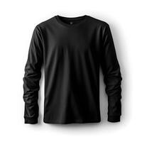 tom svart lång ärm skjorta mockup, nära upp svart t-shirt på vit bakgrund ,generativ ai foto
