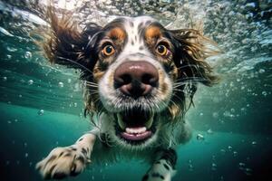 söt hund simning under vattnet. generativ ai . ai genererad foto