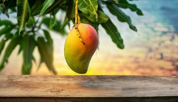 mango frukt hängande på en träd med en rustik trä- tabell foto