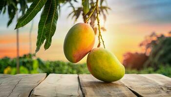 mango frukt hängande på en träd med en rustik trä- tabell foto