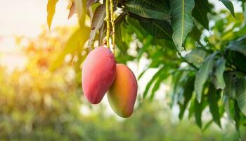 mango frukt hängande på en träd med en rustik trä- tabell foto