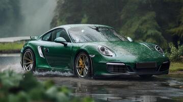 grön sporter bil på de väg i de regn ai genererad foto