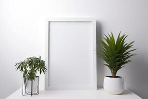 tömma fyrkant ram attrapp i modern minimalistisk interiör med växter på vit vägg bakgrund, mall för konstverk, målning, Foto eller affisch ai genererad