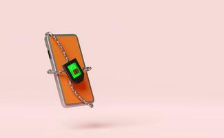 mobil telefon, smartphone med kedja, hårdvara plånbok isolerat på rosa bakgrund.internet crypto valuta säkerhet, integritet skydd, ransomware skydda koncept, 3d illustration, 3d framställa foto
