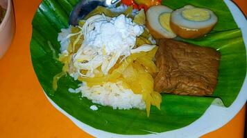 indonesiska mat liwet ris. en traditionell javanese ris eras med kyckling, tofu, tempeh, grönsak, chili och bred bönor foto