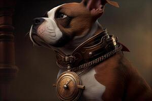 hund med en steampunk Kolla på snodd runt om hans nacke. generativ ai. digital konst illustration foto