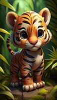 söt 3d tecknad serie tiger Valp i de djungel. generativ ai. digital konst illustration foto