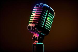 mikrofon neon ljus på svart bakgrund. poddsändning, sång, och inspelning. generativ ai. digital konst illustration foto