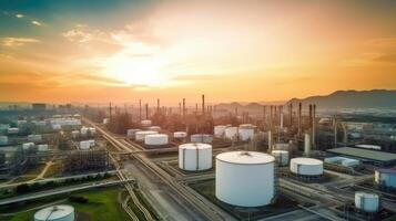 antenn topp se av fabrik station, olja bränsle lagring tank, petroleum raffinaderi, fabrik, industriell bearbeta växt olja raffinaderi för energi med generativ ai. foto