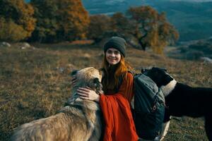 kvinna med ryggsäck i natur Nästa till hund promenad vänskap foto