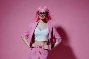 ung positiv kvinna ljus smink rosa hår glamour eleganta glasögon studio modell oförändrad foto