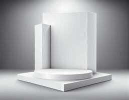 abstrakt 3d podium för produkt presentation med geometrisk former, tömma runda podium, plattformar för produkt presentation visa ny produkt bakgrund.generativ ai foto