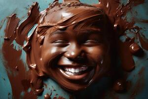 en Lycklig childs ansikte tillverkad av choklad skapas med generativ ai teknologi. foto